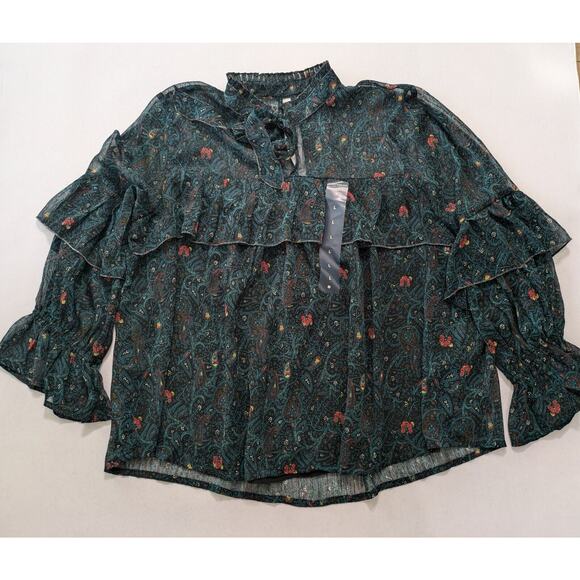 Lucky Brand Top Women's L Green Boho Sheer Ruffle Blouse Romantic Paisley Floral - Picture 1 of 9